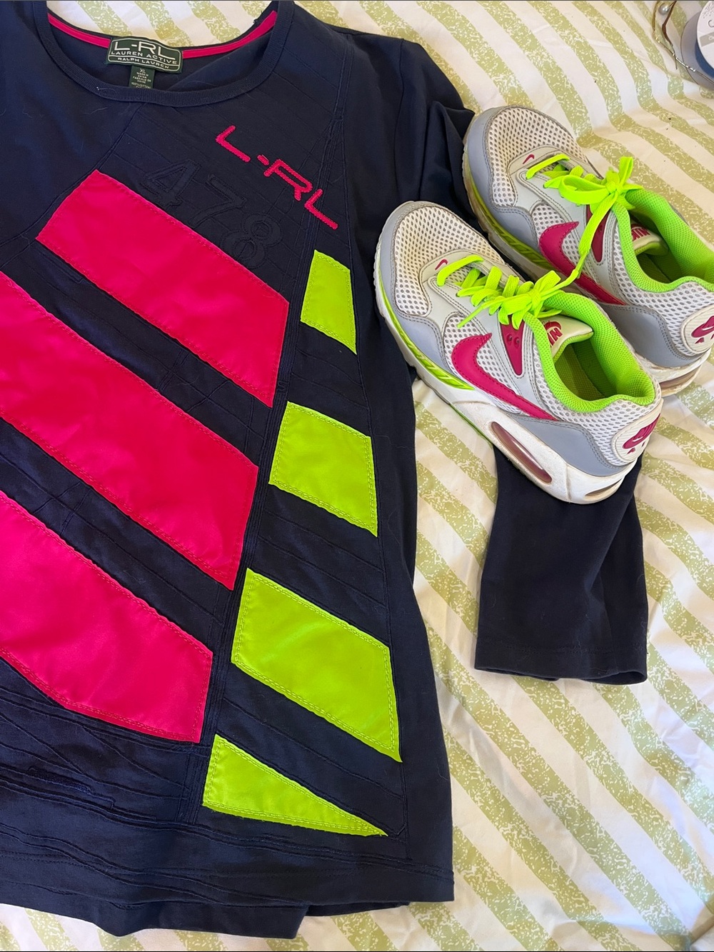 Women’s Long Sleeve Top in Navy with Pink & Lime Accents Sneakers sold separate